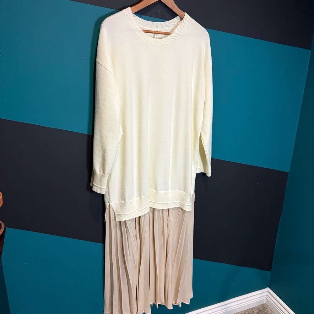 Anthropologie Ivory Long-Sleeve Pleated Twofer Sweater Maxi Dress size L Preppy - Picture 5 of 15